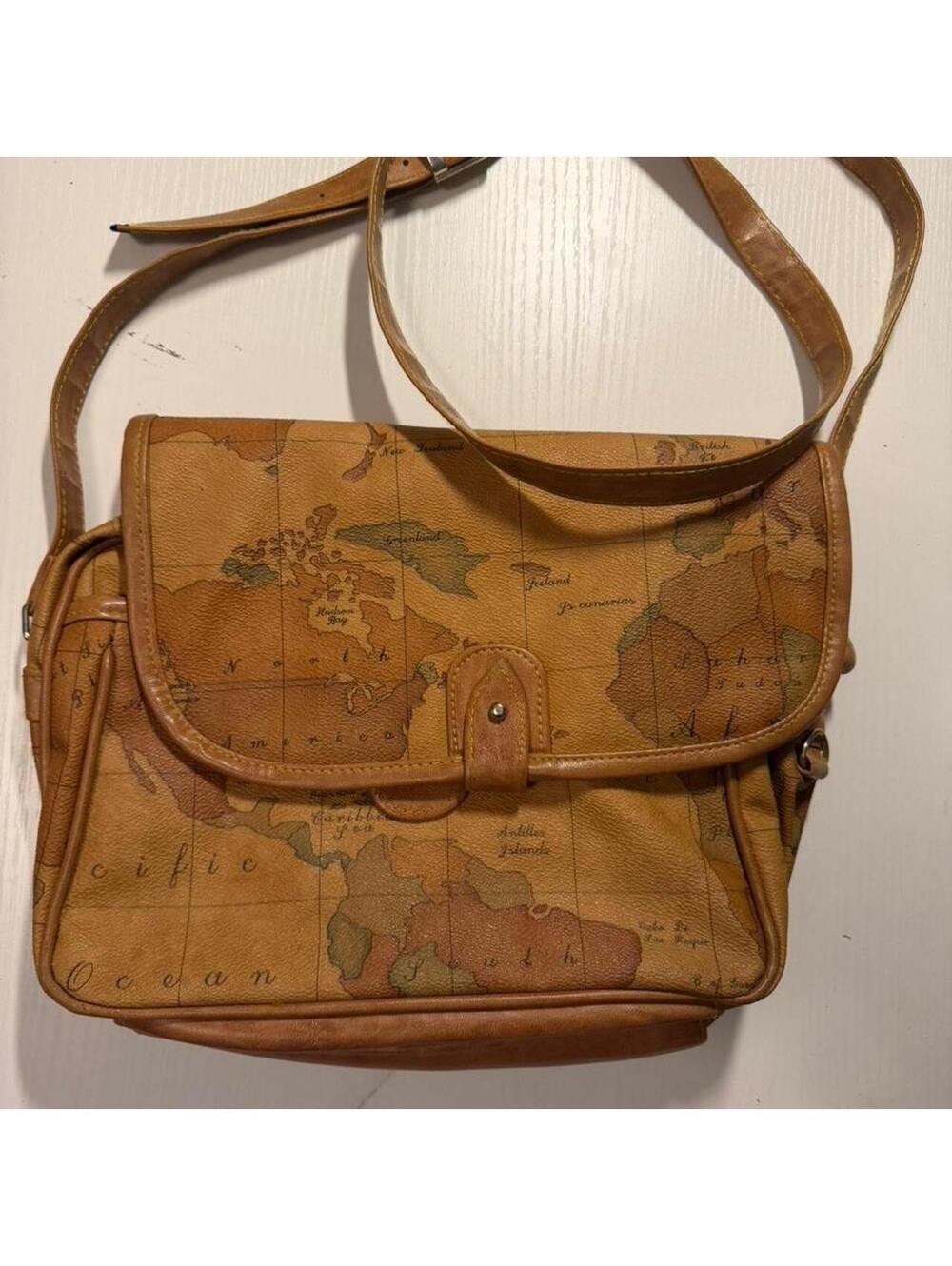 Vintage Map Print Leather Shoulder Bag